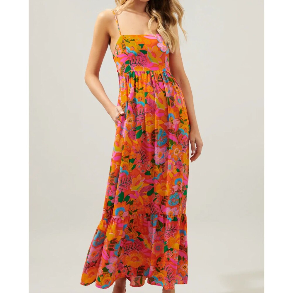 Sugarlips Idalia Tie Back Floral Maxi Dress Large Bright Tropical Boho Sundress